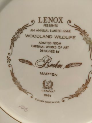Lenox Woodland Wildlife Plate Marten Weasel 1981 Boehm Studios Limited Edition 3