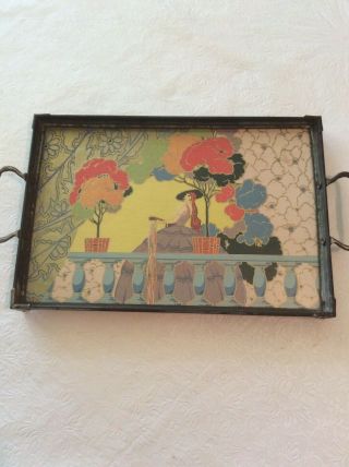 Vintage Serving Tray With Glass Display Of Foil Art Woman Playing Guitar