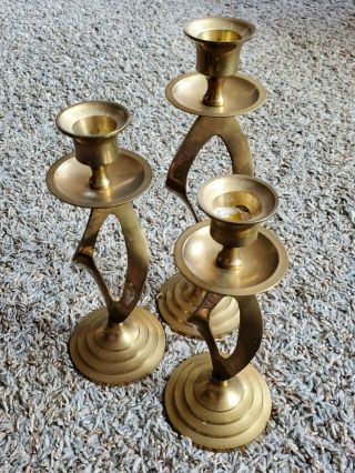 Vtg / 3 Qty / Oval Spirals / Brass / Candle Stick Holder / Made In India