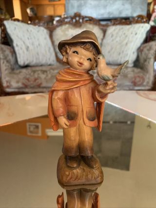 Rare Vintage Anri Italian Painted Wood Carved Figurine Boy W/ Bird 6 "