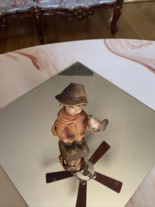 Rare Vintage Anri Italian Painted Wood Carved Figurine Boy w/ Bird 6 