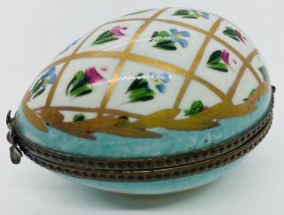 Vintage Limoges J.  Dumont France Porcelain Blue Floral Egg Shaped Trinket Box