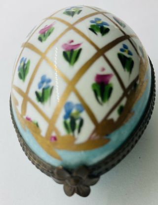 Vintage Limoges J.  Dumont France Porcelain Blue Floral Egg Shaped Trinket Box 3