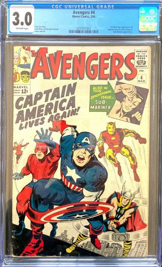 Avengers 4 March 1964 Cgc 3.  0 1st Silver Age Captain America; Sub - Mariner