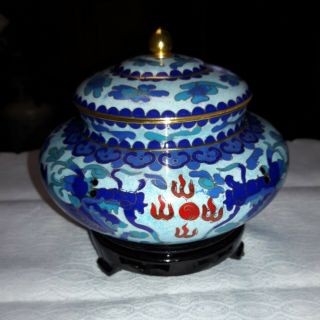 Vintage Chinese Cloisonne Enameled Dish/bowl With Lid Blue Dragons