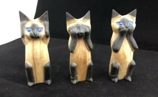 Vintage Set Of 3 Carved Hand Painted Wooden Hear No Evil Siamese Cat Figures