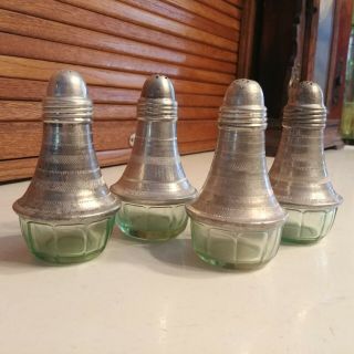 Vintage Green Depression Glass Salt & Pepper Shakers With Large Aluminum Tops.