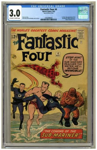 Fantastic Four 4 (cgc 3.  0) Ow/w Pgs; 1st S.  A.  App.  Sub - Mariner; Kirby (j 4750)