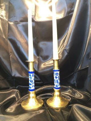 Vintage Porcelain And Brass Tapered Candle Holders.  Porcelain Candle