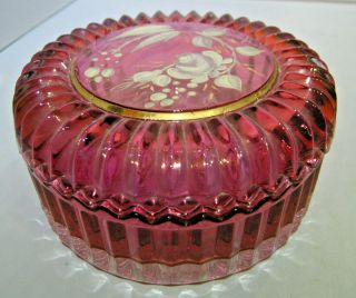 Vintage Glass Cranberry Powder/trinket Box With Hand Painted On Lid