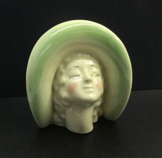 Vintage Art Deco Lady Head Vase/flower Frog - Green Hat,  4 X 4.  25 X 2.  25”