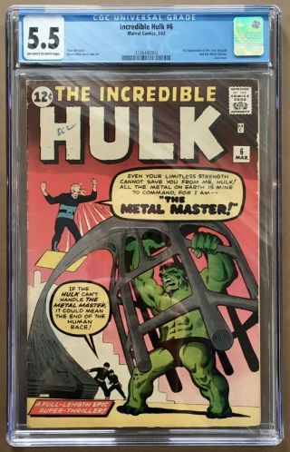 Incredible Hulk 6 Cgc 5.  5 (mar 1963) 1st App.  Teen Brigade & The Metal Master