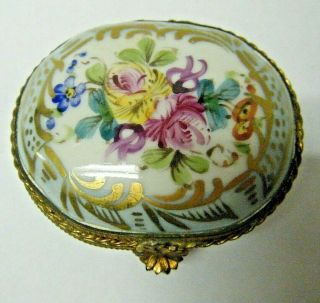 2 1/4 " Vintage Casket Jewelry Trinket Box Limoges Lg Hand Painted Florals & Gold