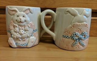 Vintage 1983 Fitz And Floyd Easter Mother Rabbit And Bunnies Coffee Cups (2)