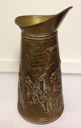 Vintage Vase Brass Pitcher Embossed Pub Scene Made In England Elpec 10 " Tall