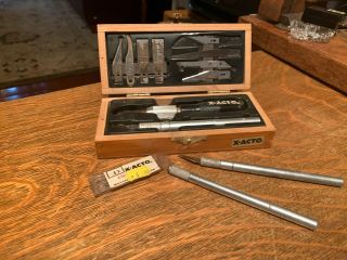 Vintage X - Acto Knife Kit Set In Wooden Dovetail Box Case Plus