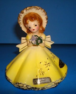 Vtg Josef Originals August Girl Figurine W Violet Bouquet Yellow Dress