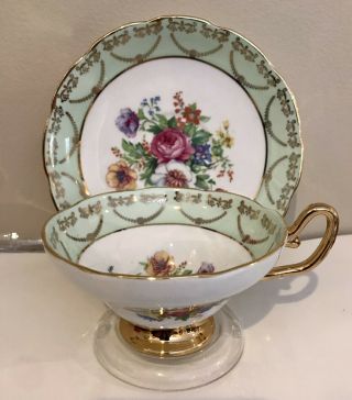 Regency Bone China Teacup Saucer Floral Gold & Green Made In England Collectible