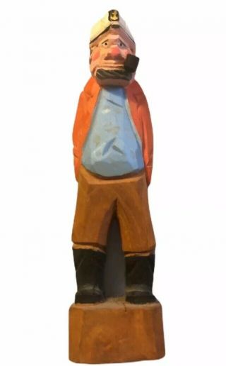 Vintage Wood Hand Carved Sea Captain Fisherman With Pipe R