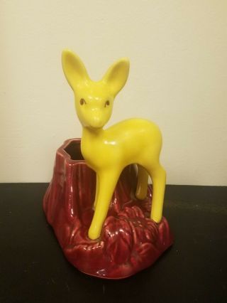 Vintage Planter Pot Deer Doe Fawn Yellow Maroon Shawnee Pottery Ceramic Figure
