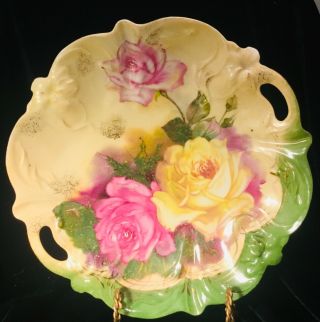 Vtg Antique A&e Made In Germany Porcelain Plate Charger C Pink & Yellow Roses.