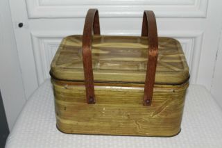 Vintage Metal Woodgrain Picnic Basket W/ Wooden Handles