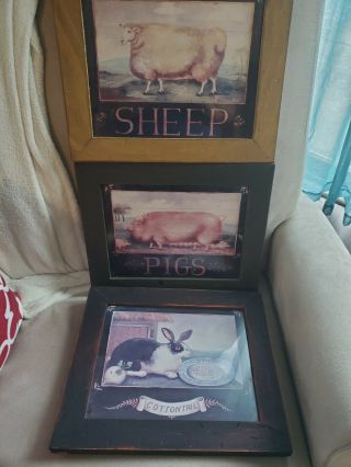 Framed Folk Art Primitive Pictures Rabbit Pig Sheep Primitive Country Decor