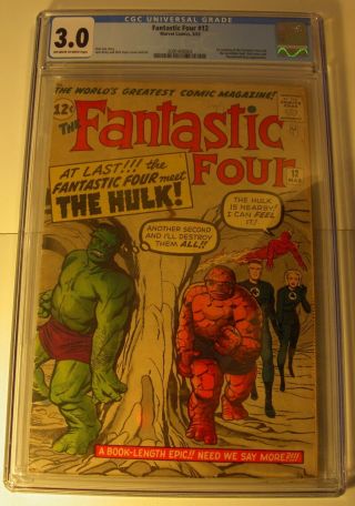 Fantastic Four 12 Cgc 3.  0,  Gd/vg,  Ow/wp,  1963,  1st Ff Meeting Hulk,  Lee & Kirby
