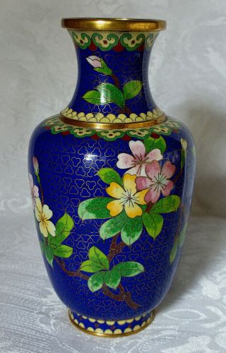 Vintage Chinese Dark Blue Cloisonne Vase Cherry Blossoms With Bird