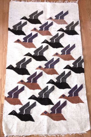 Great Vtg Hand Woven Loomed Wool Rug Wall Hanging Flying Geese Birds 47”x 26”