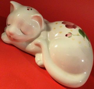 Sleeping Cat Figurine Porcelain 7 1/2 " Floral Hand Painted White Pink Flowers