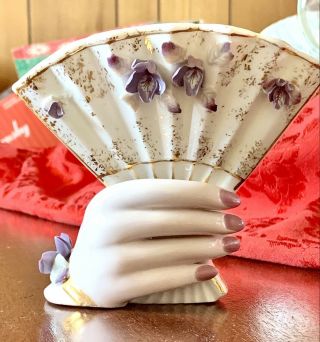 Vintage Lefton 282 Hand Painted Porcelain 5”lady Hand With Fan Vase/ Figurine