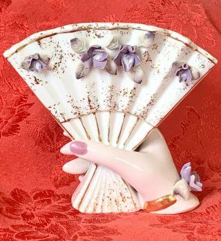 Vintage Lefton 282 Hand Painted Porcelain 5”Lady Hand With Fan Vase/ Figurine 2