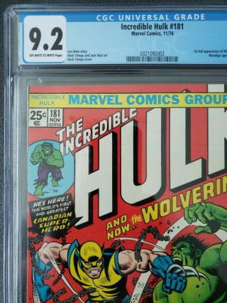 INCREDIBLE HULK 181 CGC 9.  2 FIRST FULL APPEARANCE OF WOLVERINE 1974 MARVEL 3