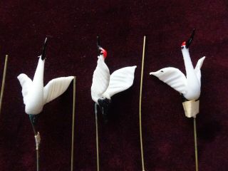 6 Vintage Art Glass Lampwork Miniature Flying Cranes Egrets Birds on Wire,  Japan 2