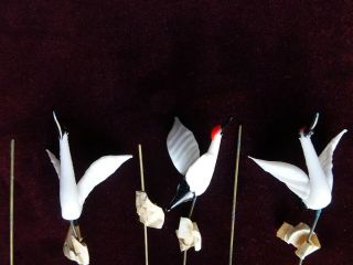 6 Vintage Art Glass Lampwork Miniature Flying Cranes Egrets Birds on Wire,  Japan 3