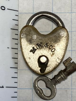 Miniature Brass M W & Co.  Padlock With Great Key Lock,  Antique