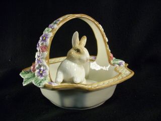 Fitz & Floyd Botanical Bunny Rabbit Floral Flowers Basket 6 " X 8 "