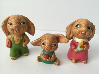 Vintage Brown Ceramic Bunny Rabbit Set Of 3 Big Eyes Easter Spring Made In Japan