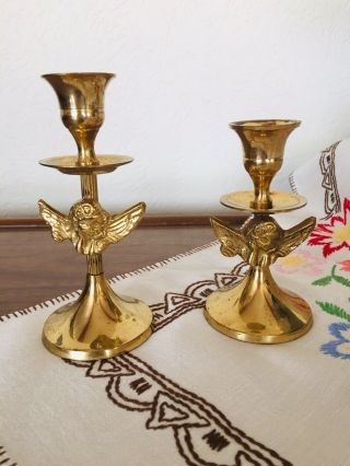 Vintage Brass Candle Holder Angel Cherub Set Of Two Candlesticks