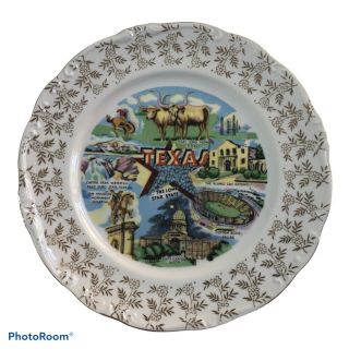 Vintage Texas The Lone Star State Souvenir Decorative Plate 10” Gold Trim