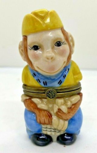 Dept 56 Porcelain Trinket Box Bellhop Monkey Grinder Monkey Pillbox 3”