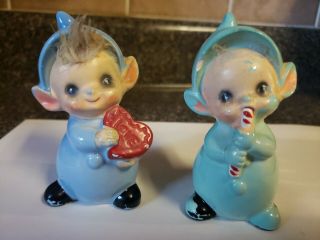 2 Vintage Josef Originals Christmas Elf With Candy Cane Heart & Hair