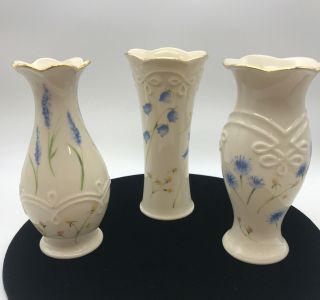 Classic Lenox Set Of 3 Floral 5” Bud Vases W/original Box Blue Yellow