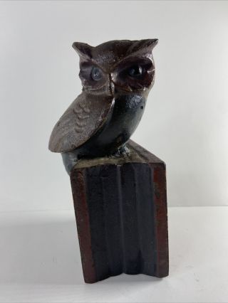 Vintage 1 Owl Bookend Door Stop Figurine Metal On Books 6” Tall Cool Animal