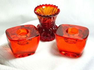Set Of 3 Vintage Red Amber Clear Glass Orange Toothpick & Candle Holders