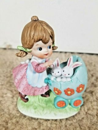 Vintage Porcelain Lefton Figurine Girl With Egg Baby Buggy Bunnies Hand Painted