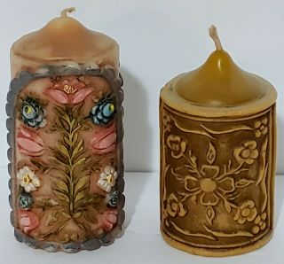 Vintage Floral Carved Decorative Wax Candles Shabby Chic Cottage Style 2pc Set