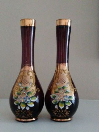 Vintage Norleans Bohemian Art Glass Amethyst Purple Glass Vases Raised Flowers