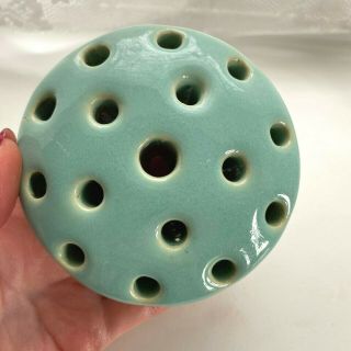Vintage Seafoam Green Pottery Flower Frog 16 holes 2